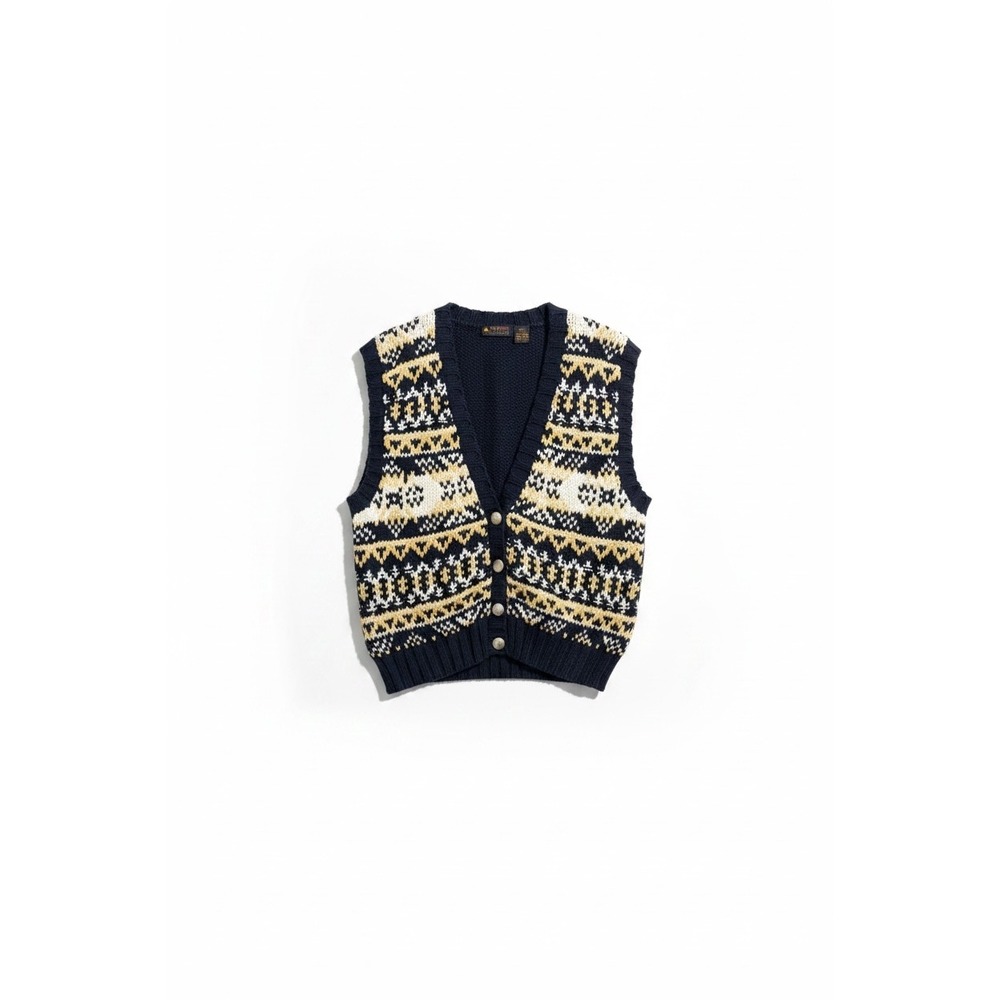 Vintage‎ Lizsport | Sweater Vest L Petite Navy Blue Fair Isle Hand Knit Cotton